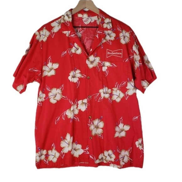 Vintage Budweiser Hawaiian Barefoot In Paradise Shirt L The Sting Red - Picture 2 of 7